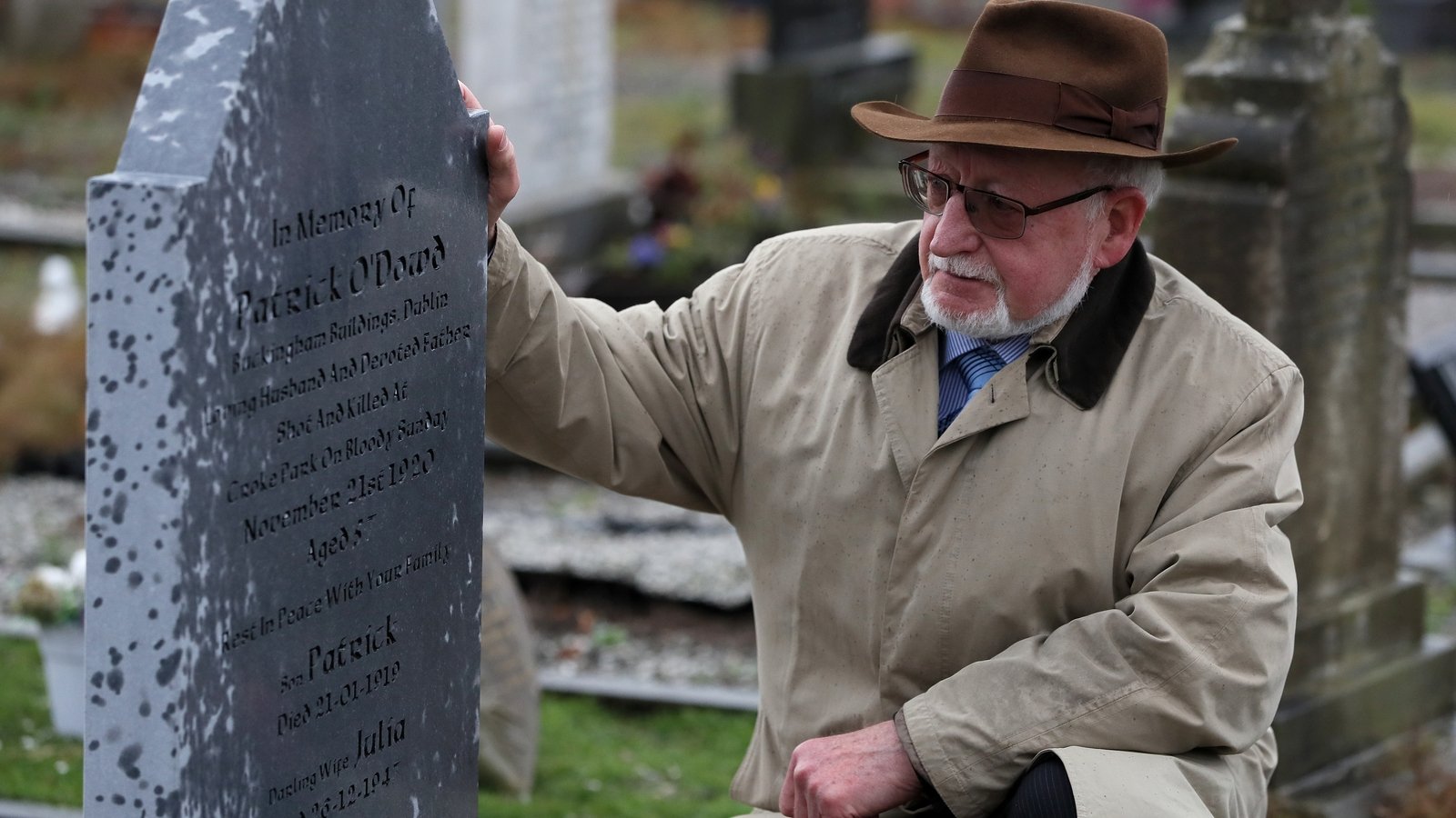 Patrick O'Dowd headstone, Glasnevin Cemetery, with Grandnephew Liam Dineen, Wednesday 20 November 2019 (Credit: PA)