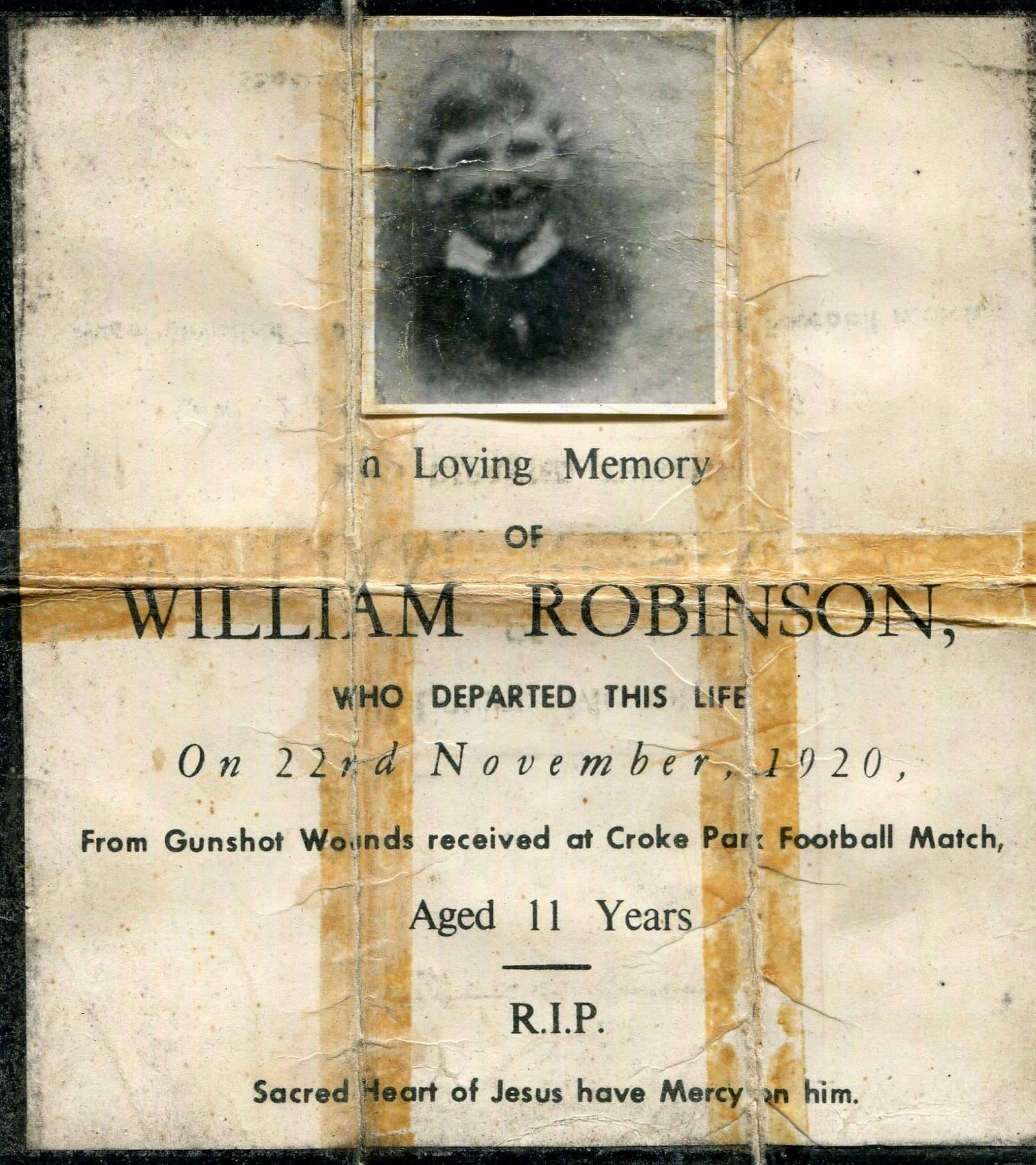 William Robinson memorial card. The date of death is wrong on the card. William died on 23 November (Credit: Karina Leeson).