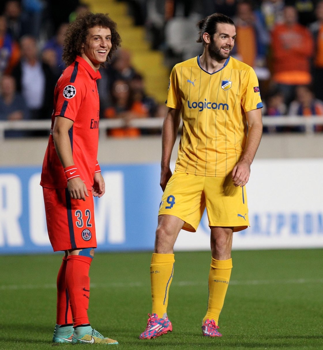 David Luiz (L) marking Sheridan when APOEL faced PSG