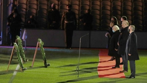 President Michael D Higgins, GAA President John Horan and Taoiseach Micheál Martin lay wreaths at Croke Park