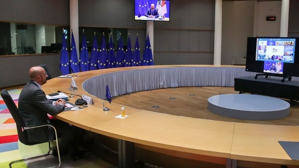 EU Council President Charles Michel attends a virtual G20 Summit in the EU Council headquarter in Brussels, Belgium