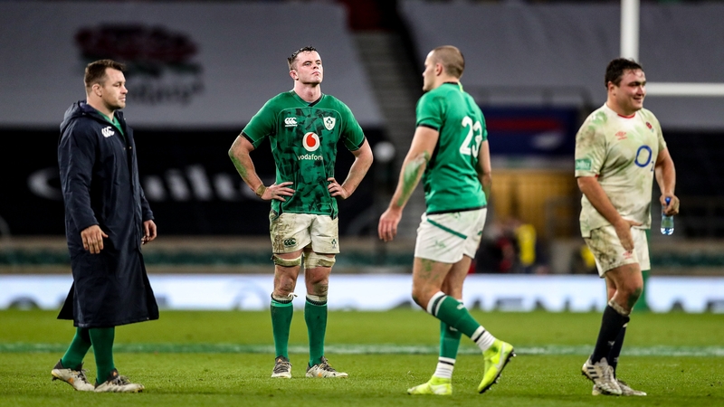Cian Healy, left, James Ryan and Jacob Stockdale react after the 18-7 defeat to England at Twickenham