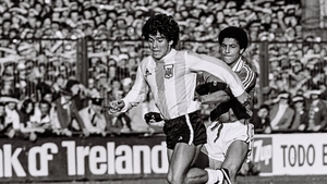 The 18-year-old Maradona in action against Chris Hughton during an international friendly against the Republic of Ireland at Lansdowne Road in 1980