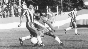 A 15-year-old Maradona nutmegs Juan Cabrera of Talleres de Cordoba on his Argentine Primera Division debut for Argentinos Juniors in 1976