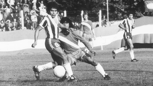 A 15-year-old Maradona nutmegs Juan Cabrera of Talleres de Cordoba on his Argentine Primera Division debut for Argentinos Juniors in 1976
