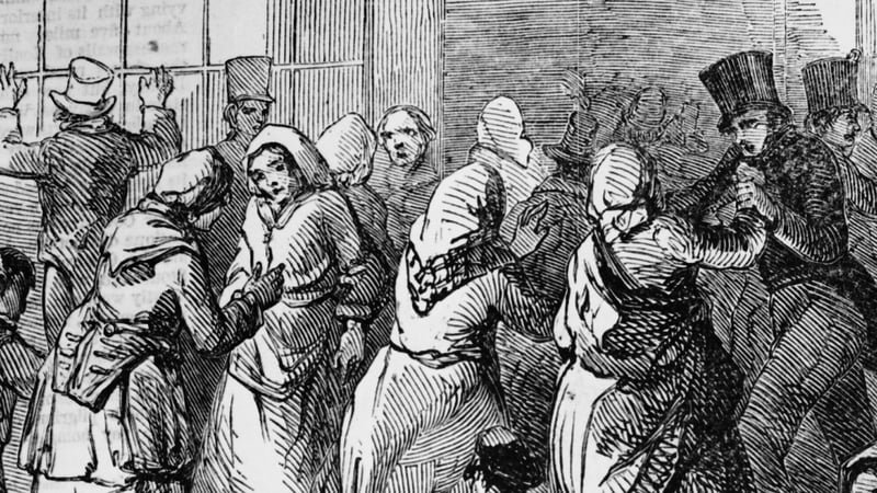 Detail of a depiction of crowds gathered to buy Indian corn in Cork, from the Illustrated London News, 4th April 1846. (Source: Illustrated London News/Hulton Archive/Getty Images)