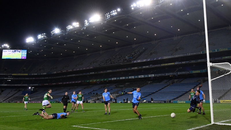 Dublin goalkeeper Stephen Cluxton saves a shot at goal by Joey Wallace of Meath during the 2020 Leinster SFC final