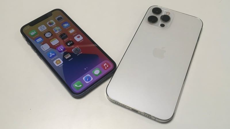 The iPhone 12 mini (left) is the smallest device in the latest iPhone range and the 12 Pro Max (right) is the largest