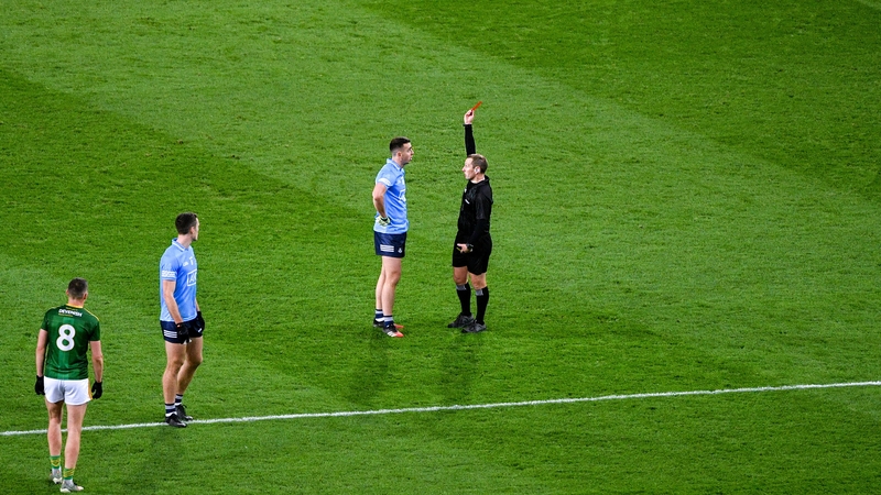 Cormac Costello shown a red card by referee Derek O'Mahony during the Leinster SFC final defeat of Meath