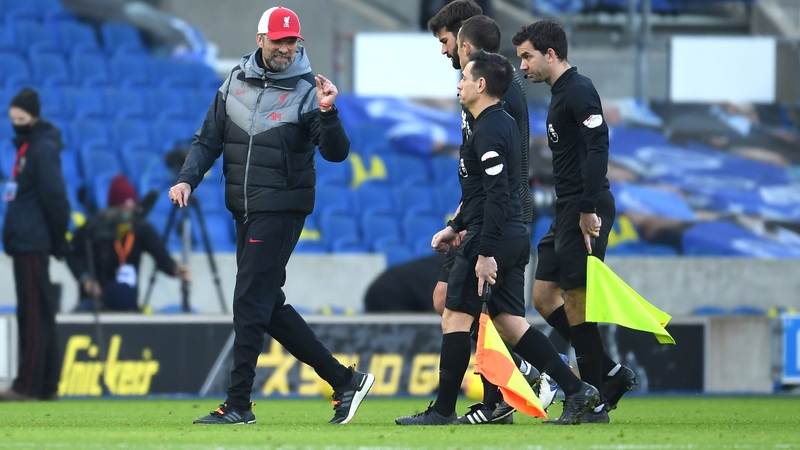 Liverpool manager Jurgen Klopp remonstrates with referee Stuart Atwell following the 1-1 draw with Brighton