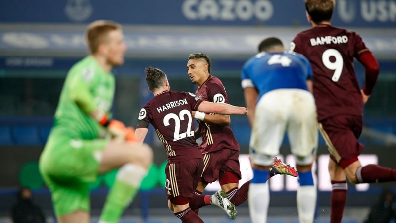 Leed United's Raphina wheels away after scoring against Everton