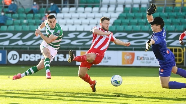 Aaron McEneff slams the ball home for the opening goal at Tallaght