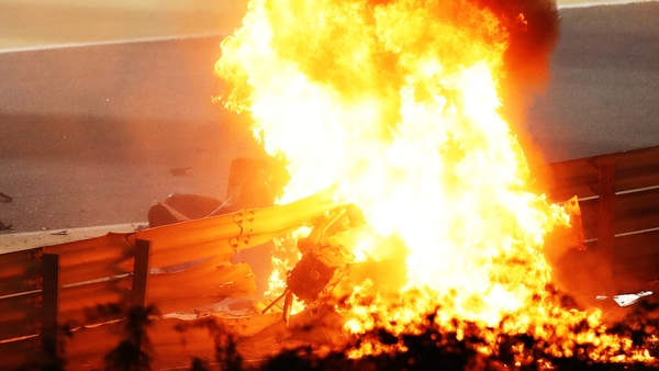 The scene following the crash of Romain Grosjean of France during the Grand Prix of Bahrain.