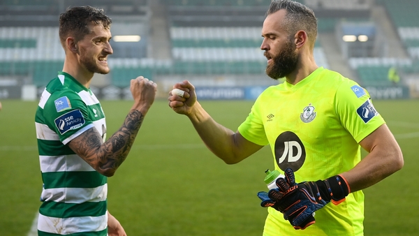 Alan Mannus, right, and Lee Grace celebrate the win over Sligo Rovers