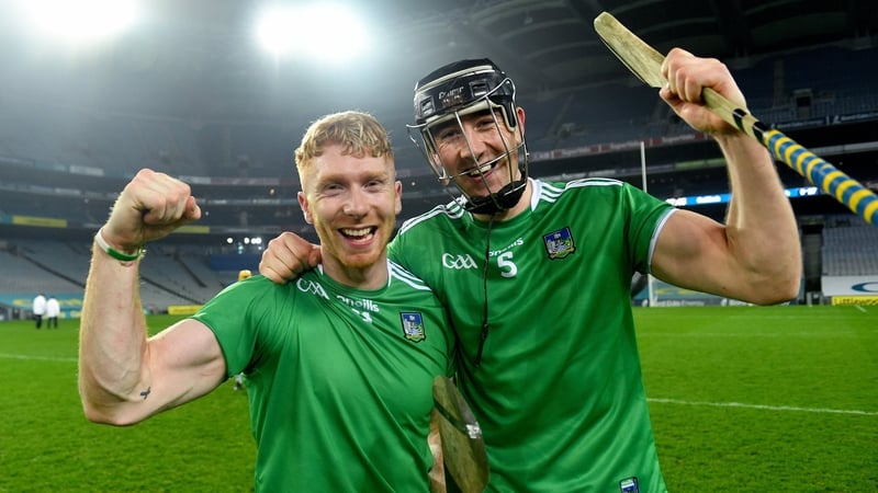 Cian Lynch and Diarmaid Byrnes celebrate the win over Galway
