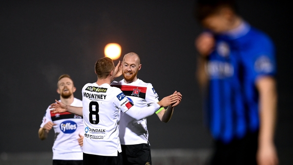 Chris Shields celebrates with John Mountney after his superb finish made it 7-0.