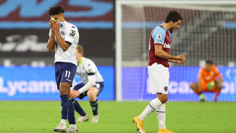 Ollie Watkins reacts after VAR rules his stoppage time goal offside