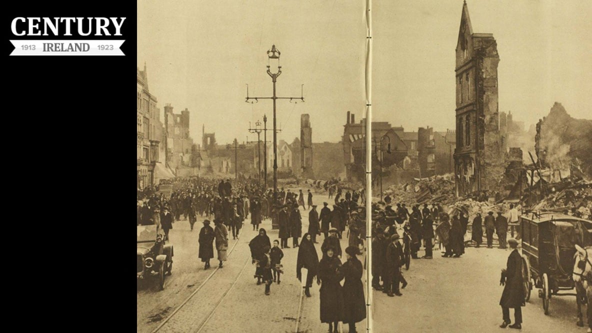 Century Ireland Issue 193 - People wandering around the still-smoking ruins of Cork city, recently destroyed by fires (Image: Illustrated London News, 18 December 1920)