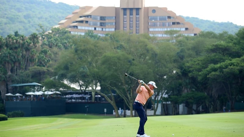 Jamie Donaldson plays into the 18th hole during his second round