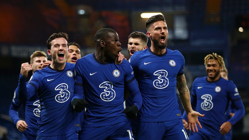 Kurt Zouma celebrates with Ben Chilwell and Olivier Giroud lead celebrations after the second goal