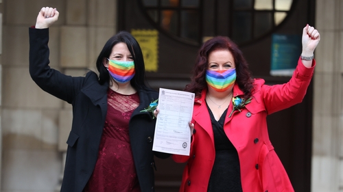 Amanda McGurk (left) and Cara McCann celebrate outside Belfast City Hall