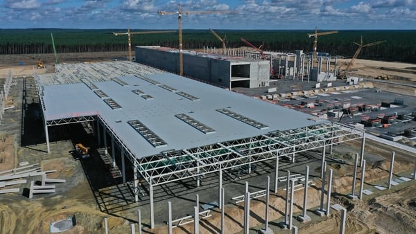 A drone view of the construction site of the new Tesla gigafactory near Berlin