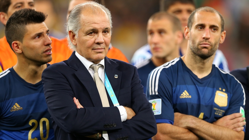 Sergio Aguero (L), Alejandro Sabella (C) and Pablo Zabaleta after the 2014 World Cup final