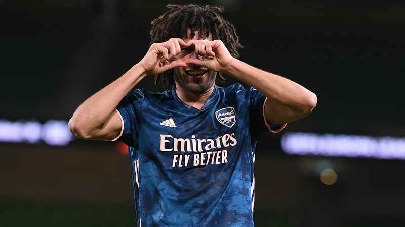 Mohamed Elneny celebrates his strike in the 4-2 win over Dundalk at the Aviva