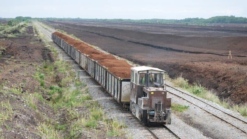 A Bord na Mona train transporting one of the final loads of peat from the Blackwater Bog to the West Offaly Power Station in Shannonbridge, Co Offaly in 2020. Photo: Ciaran Mullooly/RTÉ