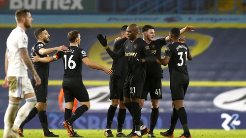 West Ham players celebrate scoring at Elland Road