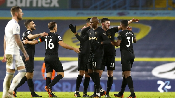 West Ham players celebrate scoring at Elland Road