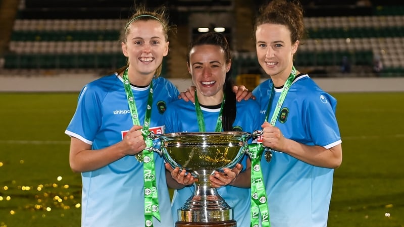 Peamount United players, from left, Claire Walsh, Áine O'Gorman and Karen Duggan