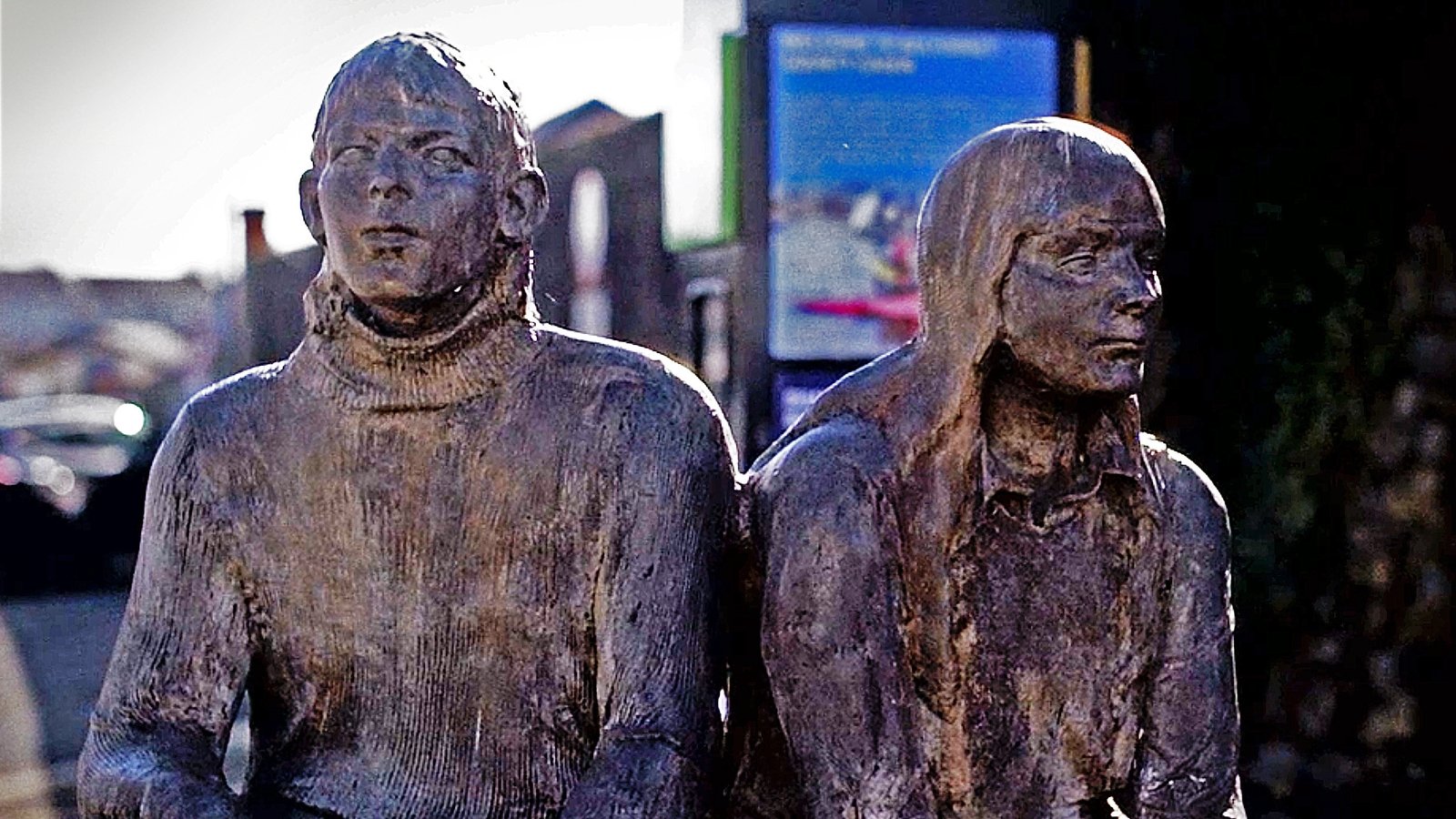 The bronze sculptures of Geraldine O'Reilly and Paddy Stanley on Main Street in Belturbet