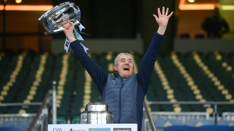 Limerick manager John Kiely lifts the Liam MacCarthy cup