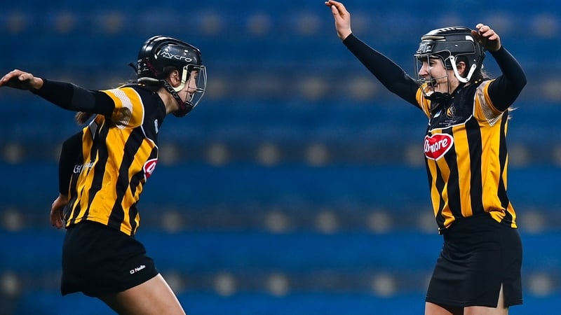 Claire Phelan (R) and Aoife Norris of Kilkenny celebrate at the final whistle