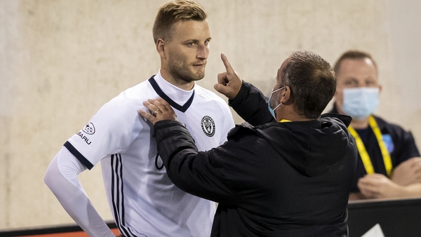 Philadelphia Union's Kacper Przybylko is evaluated for possible concussion during a MLS match against Montreal Impact in September
