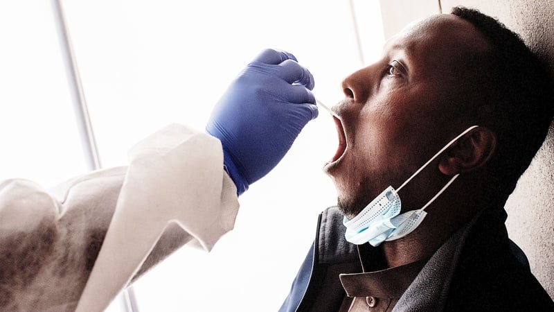 A nurse performing a Covid-19 test at Lancet Nectare hospital in Johannesburg, South Africa today