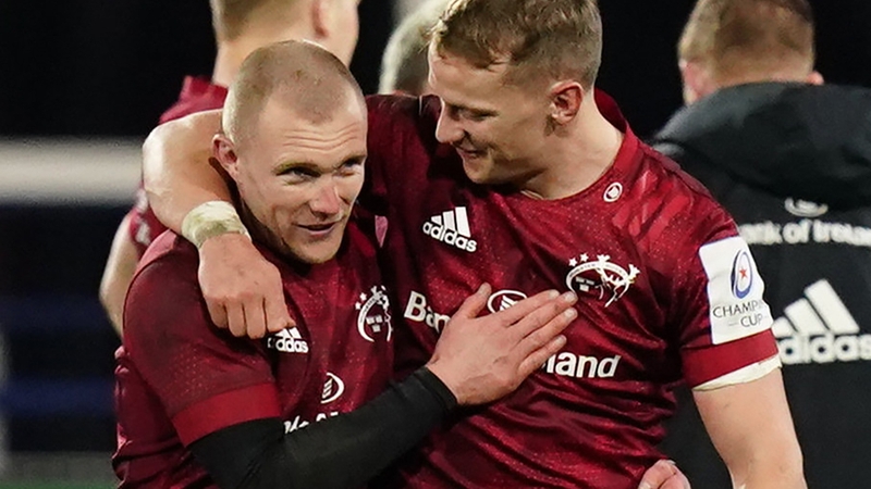 Keith Earls and Mike Haley celebrate after the final whistle