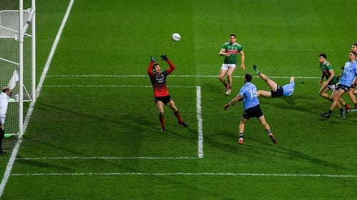 Dublin scoring a goal in the 2020 All-Ireland SFC final against Mayo