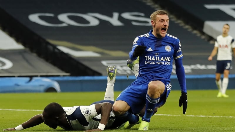 Jamie Vardy (R) celebrates after his header is deflected into his own net by Toby Alderweireld