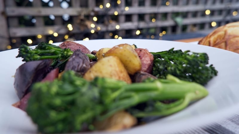Catherine Fulvio's roasted potatoes with tenderstem broccoli and creamy tarragon dressing.