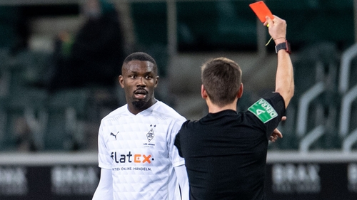 Borussia Moenchengladbach's Marcus Thuram sees red against Hoffenheim