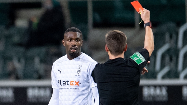 Borussia Moenchengladbach's Marcus Thuram sees red against Hoffenheim