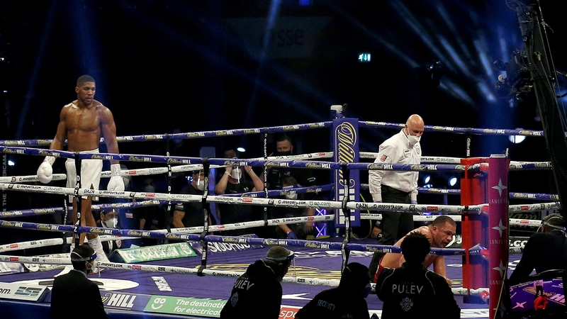 Anthony Joshua reacts to knocking down out Kubrat Pulev earlier this month