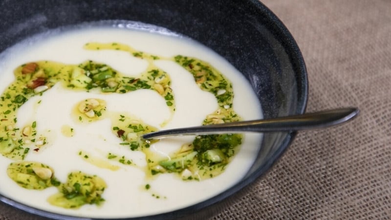 Rachel Allen's celeriac soup with avocado and hazelnut salsa.