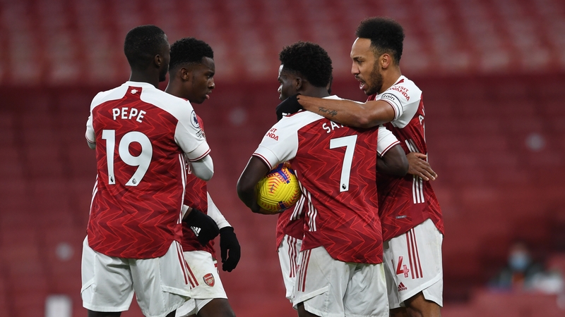 Pierre-Emerick Aubameyang celebrates scoring Arsenal's goal against Southampton with Bukayo Saka