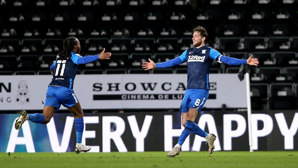 Alan Browne celebrates after scoring Preston's late winner at Pride Park