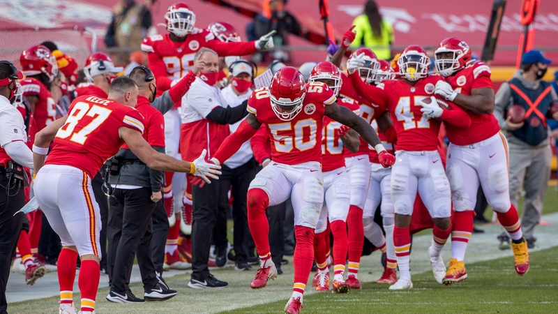 Kansas City Chiefs outside linebacker Willie Gay Jr (50) celebrates on the sidelines after a play during the second half against the Atlanta Falcons