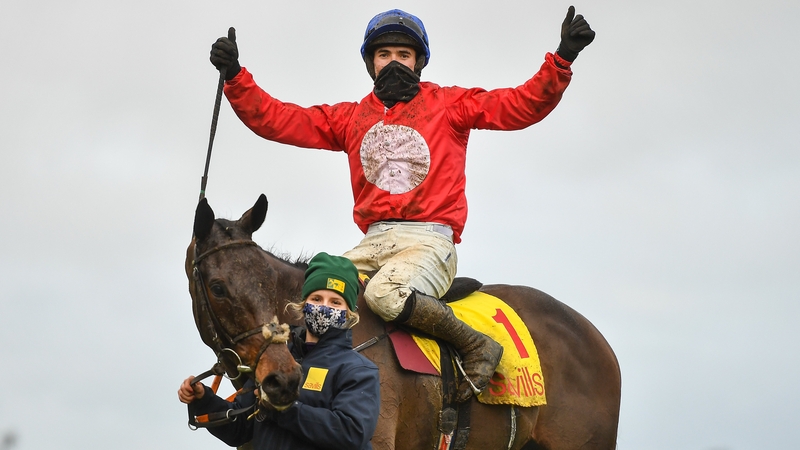 Darragh O'Keeffe celebrates after riding A Plus Tard to victory