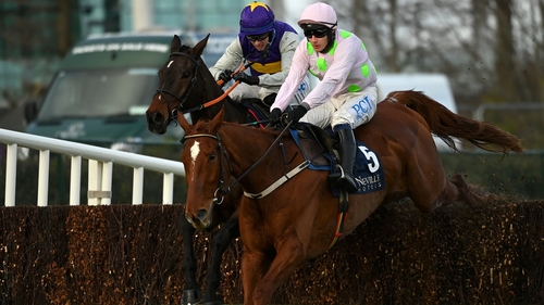 Monkfish (R) with Paul Townend up, jumps the last alongside Latest Exhibition.